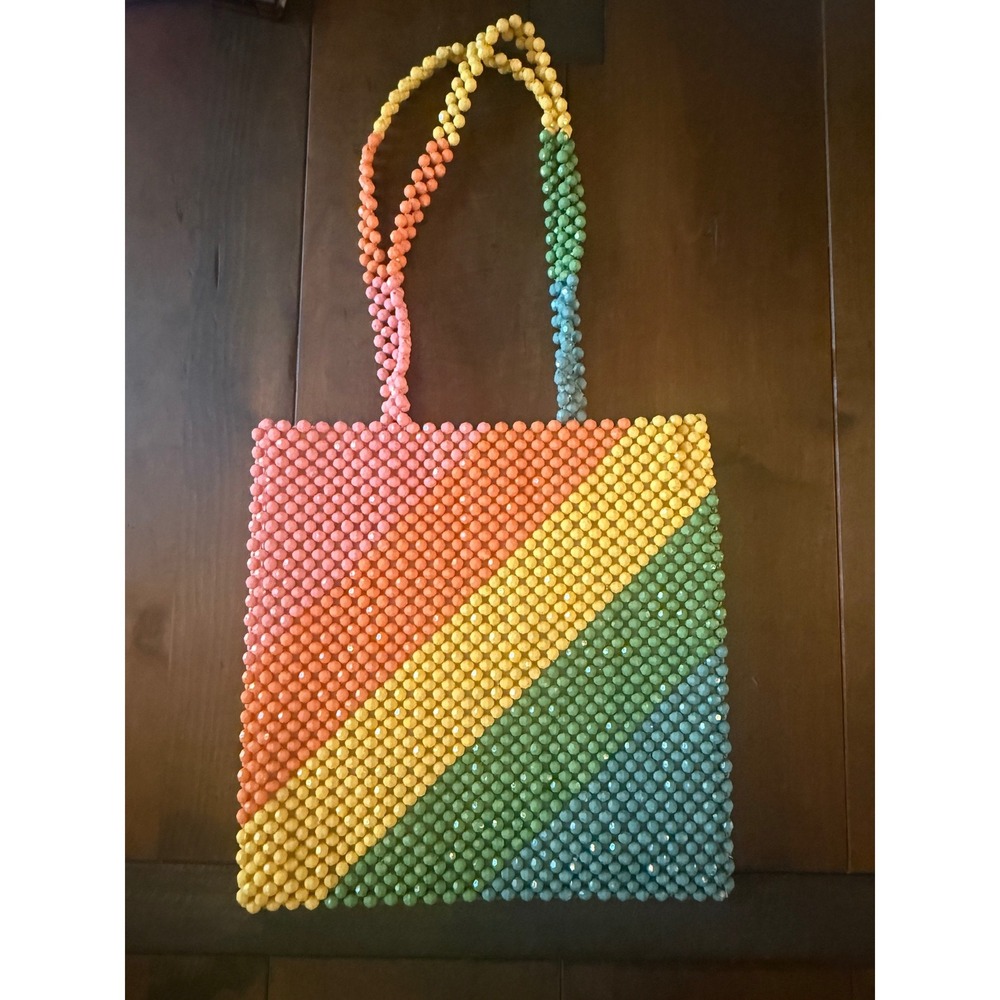Isaac Mizrahi Faceted Beaded Purse Tote Bag Multicolor Rainbow Stripe Kitsch